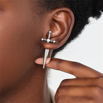 Gothic CZ Cross Sword Stud Earrings for Women Unisex - color: Silver