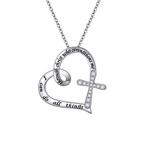 S925 Sterling Silver Christian Cross Heart Faith Bible Verse Necklace Rings - style: I can do all things through christ who strengthens me 1