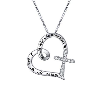 S925 Sterling Silver Christian Cross Heart Faith Bible Verse Necklace Rings - style: I can do all things through christ who strengthens me 1