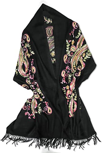 Urban CoCo Embroidered Scarf for Women, Tassel Shawl, Soft Lightweight Wrap - color: #1-black