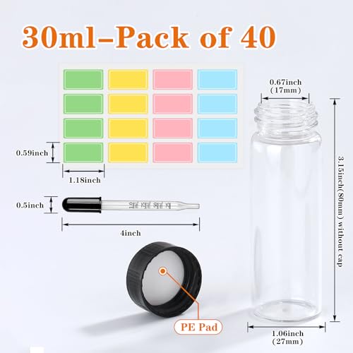 1OZ Clear Glass Vials with Lids 40pcs Small Bottle with Droppers & Lables - size: 30ml 40pcs