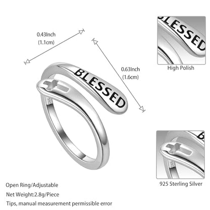 Jewmon 925 Sterling Silver Faith Cross Ring Adjustable I am Enough Inspirational Ring Engraved Bleassed Ring Encouragement Statement Ring for Women Chritian Jewelry Communion Baptism Chritian Gifts - color: A, Blessed Ring Silver