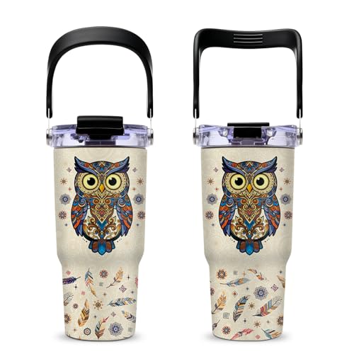 Owl Gifts for Women - Owl Tumbler with Top Handle and Flip Straw Lid 20oz Stainless Steel Insulated Travel Cups - Christmas Birthday Present for Owls Lovers Coffee Mugs - color: Owl01