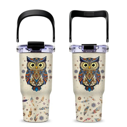 Owl Gifts for Women - Owl Tumbler with Top Handle and Flip Straw Lid 20oz Stainless Steel Insulated Travel Cups - Christmas Birthday Present for Owls Lovers Coffee Mugs - color: Owl01