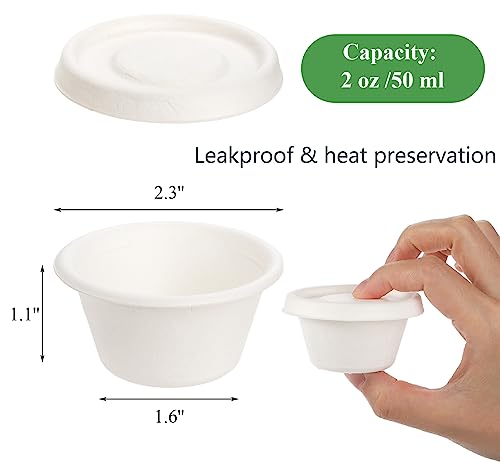 Yesland 200 Pcs 2 oz Natural Bagasse Fiber Cups with Lids, White Paper Tasting Cups Disposable Sample Food Cup, Sauce Containers for Snack Tasting Charcuterie(200 Cups & 200 Lids) - color: White