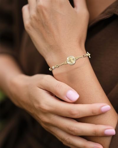 J&H DiaJuvelo Catholic Rosary Bracelet for Women 14K Gold Virgin Mary Rosarios Jesus Cross Charm Link Chain Virgen de Guadalupe Religious Jewelry Gifts for Confirmation Baptism First Communion - style: Gold Rosary E