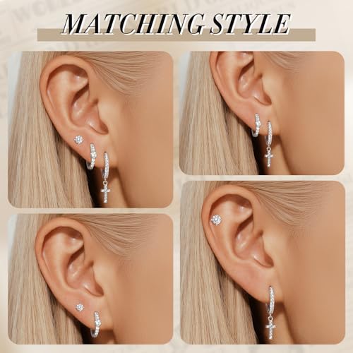 Angelady Gold Hoop Earrings Set for Women, Dainty 14K Gold Plated Flower Moon Cross Dangle Earrings, Hypoallergenic Huggie Hoop Earring Stacks, Stud Earrings for Women Trendy Jewelry Gift - color: Silver,Cross Earrings