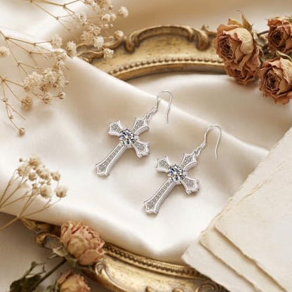 Moissanite S925 Sterling Silver Dainty Cross Drop Dangle Earrings For Women - color: silver