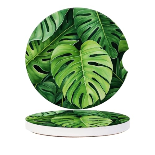 Cup Holder for Car,Tropical Leaf Pattern Ceramic Coasters Non-Slip Cup Holder Insert with Fingertip Grip, Auto Interior Accessories for Women & Men,Pack of 2, 2.56In - color: Tropical Leaf Pattern