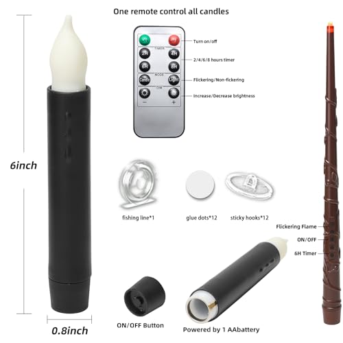 Lezonic 12Pcs Floating Candles with Wand and Remote, Magic Black Flameless Candles Battery Operated, Flikering Hanging LED Taper Candlesticks Halloween Decorations, 0.8" x 6" - color: 12pcs(Wand & Remote)