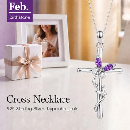 Distance Cross Necklace for Women 925 Sterling Silver Jewelry Pendant Necklace for Mom Wife Gift for Mother's Day or Birthday - style: 02-Amethyst