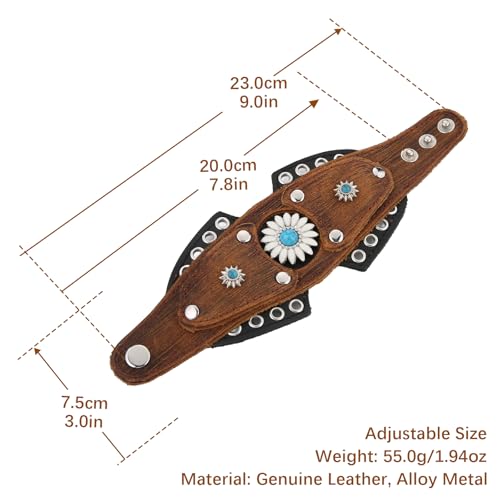 HZMAN Leather Bracelets Retro Men's Leather Cuff Bracelet Adjustable Wide Wristband Bracelet Jewelry Gift - color: Brown - Sunflower