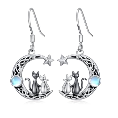 Yue Yuan Animal Plant Earrings for Women 925 Sterling Silver Butterfly/Cat/Jellyfish/Shell/Maple Leaf/Cardinal/Celtic Drop Earrings Silver Dangle Jewelry Birthday Anniversary Christmas Gift for Mother Wife - style: Black & White Cat