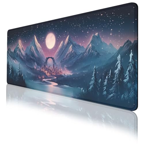 Fantasy City Mouse Pad Night Moon Mountain Landscape Extended Mousepad Waterproof Stitched Edges Rubber Base Non-Slip Deskmap Computer Keyboard Mat 31.5x11.8 Inch - color: Fantasy City, size: 31.5" x 11.8"