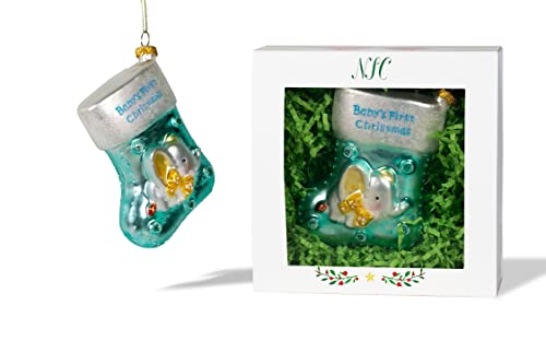 | Baby Boy Stocking Glass Ornament | Baby Collection - color: Red, Green