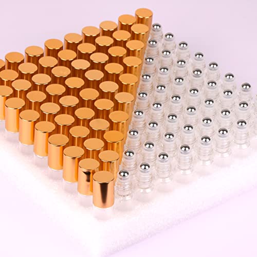 MaxMau Pack of 100,5ml Clear Glass Roll on Bottle Essential Oil Roller Bottles with Stainless Steel Roller Balls and Golden Painted Lids for Daily Aromatherapy Sample Test Travel - color: Clear Roller Bottles - 100 PACK