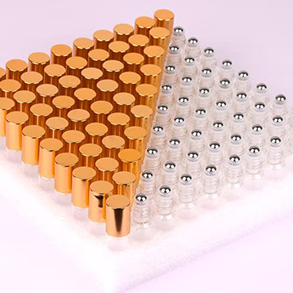 MaxMau Pack of 100,5ml Clear Glass Roll on Bottle Essential Oil Roller Bottles with Stainless Steel Roller Balls and Golden Painted Lids for Daily Aromatherapy Sample Test Travel - color: Clear Roller Bottles - 100 PACK