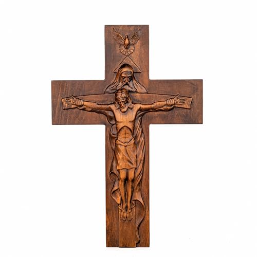 BGCOPPER Holy Trinity Crucifix Wall Cross, Christ Jesus Cross for Wall with Hook, Handmade Wooden Cross Wall Decor for Home Room Church Christmas Gifts (Retro, 20 Inch) - color: Retro, size: 19.7"L x 13.4"W