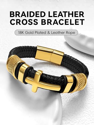 Black Cross Cuff Bracelet for Men, Philippians 4:13 Stainless Steel Braided Leather Bible Verse Jesus Bracelets Inspirational Faith Gift for Dad Brother Son Religious Baptism Confirmation Gifts - color: E-Gold Plated Cross, size: 8.3 Inches