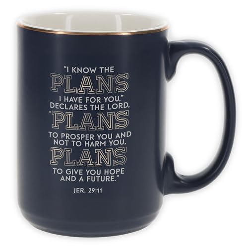 Christian Art Gifts Large Ceramic Coffee Mug for Men, Women & Grads - color: Know the Plans/Dark Navy & Gold