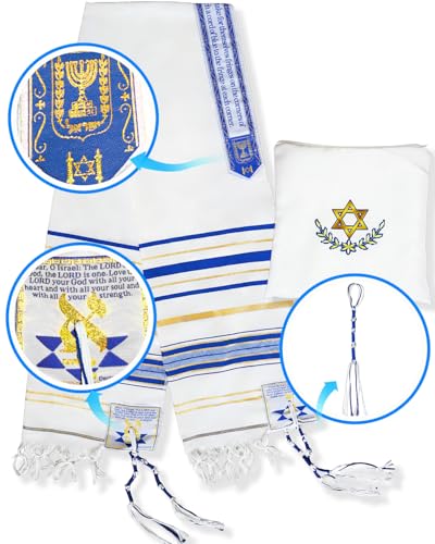 Tallit Prayer Shawl 72"x 22" with Bag & Pre-Attached Tzitzits For Men & Women, Tallit Torah-Inspired Design - color: Blue