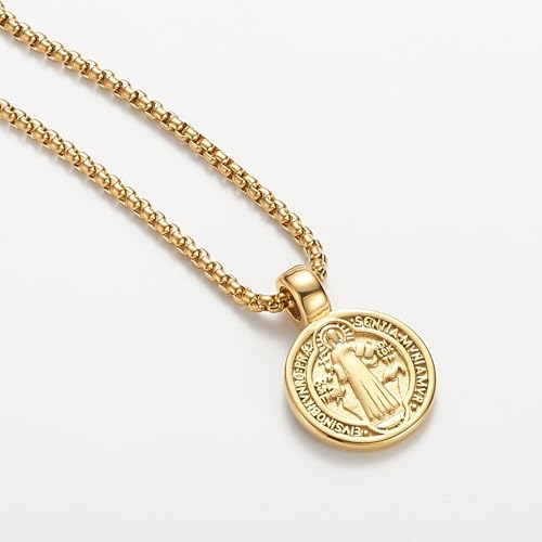 St Benedict Exorcism Medal Necklace for Men Catholic Cross Pendant - color: Gold