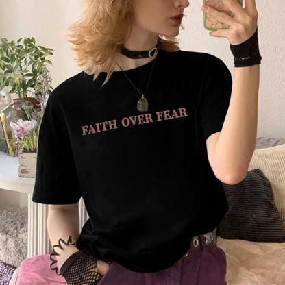 BANGELY Faith Over Fear Shirt Women Graphic Shirts Oversized Workout Gym Christian Religious Tees Drop Shoulder Tee Tops - color: Black, size: Small