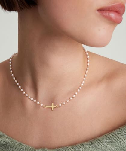 Tewiky 14K Gold Plated Cross Necklace for Women, Pearl Cross Necklace - color: Gold 2