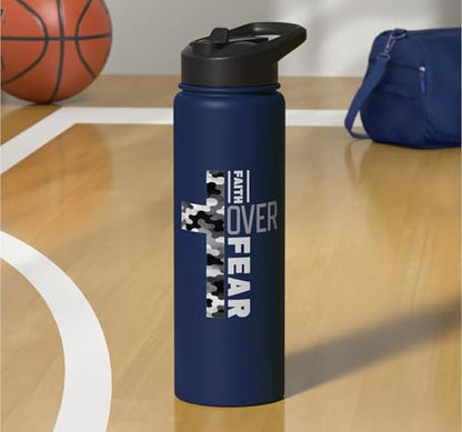 Faith Over Fear Christian Camo Cross Religious Bible Verse Stainless Steel Insulated Water Bottle - color: Navy Blue