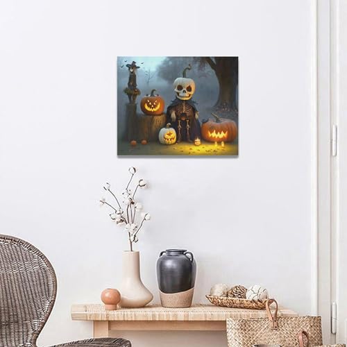 Halloween Wall Art Skeleton Pictures Wall Decor Pumpkin Bat Canvas Painting Modern Artwork Home Decoration for Living Room Bathroom Bedroom Office Framed 20"x16" - color: Skeleton, size: 20"L x 16"W