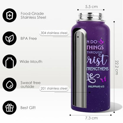 Christian Gifts for Women - I Can Do All Things Christ Water Bottle Tumbler 32oz - Inspirational Religious Faith Gifts for Women - Christian Jesus God Bible Verse Prayer Gift for Christmas - color: Christian-Purple/I Can Do All Things Christ