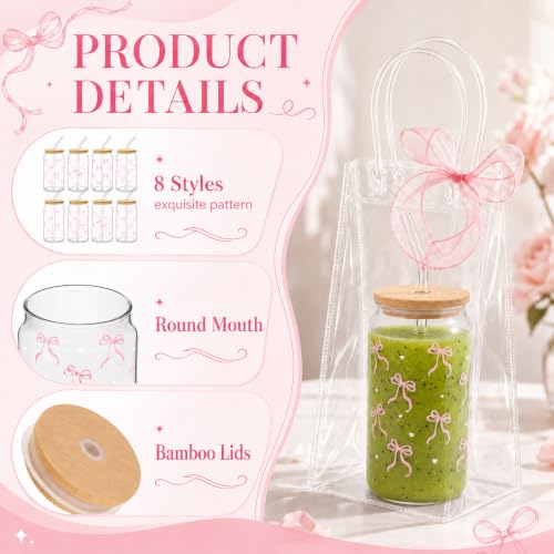 Iced Coffee Mugs, 8 Sets, Glass, 16 oz, Reusable, Pink Bow - color: Pink Bow