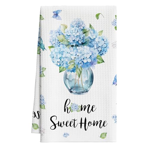 Blue Hydrangea Tea Towels For Kitchen, Home Sweet Home Floral Towel, 08 - color: Blue Home Sweet Home