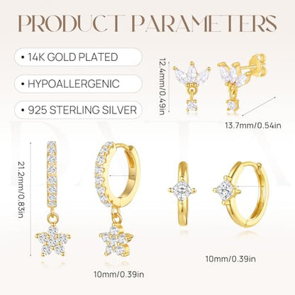 Angelady Gold Hoop Earrings Set for Women, Dainty 14K Gold Plated Flower Moon Cross Dangle Earrings, Hypoallergenic Huggie Hoop Earring Stacks, Stud Earrings for Women Trendy Jewelry Gift - color: Gold3