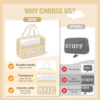 Dance Bag for Girls Chenille Letter Clear Makeup DANCE Stuff Bag,Toddler Dance Recital Gifts Ballet Cosmetic Zipper Pouch with Handle,Dance Competition Accessories Toiletry Storage Bag(DANCE-Beige) - color: DANCE-Beige