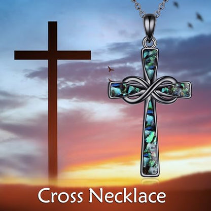 Infinity Cross Necklace S925 Sterling Silver Turquoise/Wooden/Opal/Abalone Cross Pendant Necklaces Christian Jewelry Gifts For Women - style: Black Abalone