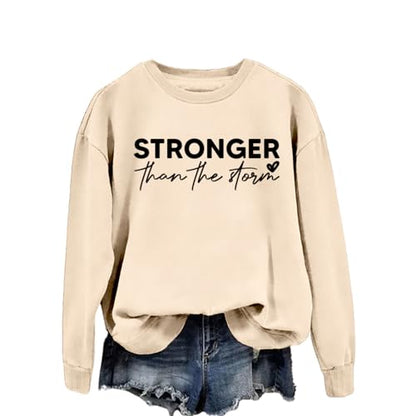 Stronger Than the Storm Sweatshirt Women Inspirational Long Sleeve Shirts - color: Beige, size: Large