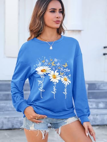 Women’s Christian Sweatshirts,Faith Hope Love Daisy Print Crewneck Long Sleeve Casual Loose Fit Sweatshirt - color: Blue, size: Medium