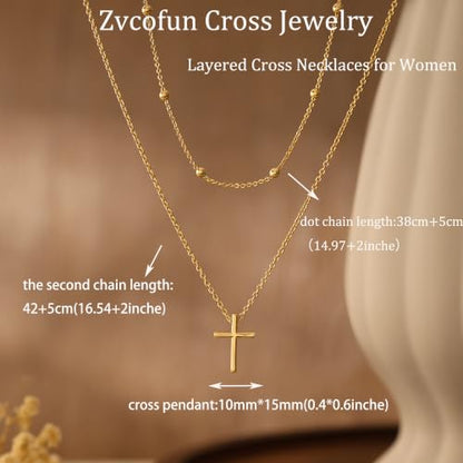 Cross Necklace for Women, Dainty Gold Necklace Tiny Cross Charm Necklace - color: Gold-Beaded+Cross