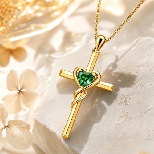 Birthstone Cross Necklace for Women 14K Gold Plated Heart Infinity Cross Pendant Necklace Christian Religious Jewelry Anniversary Birthday Gifts for Wife Mom Her - color: May/Emerald