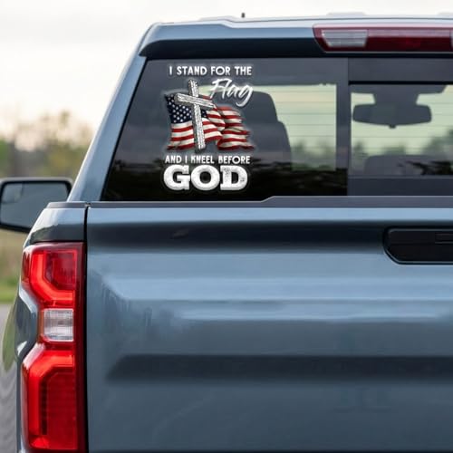 Christian Cross US Flag Car Decal – I Stand for the Flag and Kneel Before God Sticker, Patriotic Religious Vinyl Window Decal for Car Truck SUV Bumper Laptop Mirror, Waterproof – 6.2 x 4.7 Inch