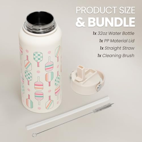 SANDJEST Pickleball Water Bottle 32oz Stainless Steel Insulated Vaccum with Lid, Pickleball Gifts for Pickleball Players, Pickleball Lovers, Women Girls Ladies - color: Pickleball