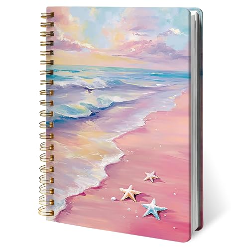 Pink Pastel Coastal Beach Notebook Journal, Beach Lover Gifts Notebooks for Girls, Ocean Themed Gifts Journal, Coastal Sunset Starfish Hardcover Spiral Notebook 5.5x8.3 Inch - color: Color-1