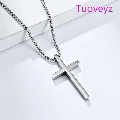 Cross Necklace for Men, Silver Black Cross Stainless Steel Pendant Necklace, Mens Necklace 18, 20, 22, 24 Inch (2Pcs)