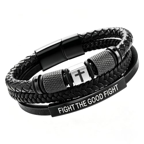 Leather Cross Bracelet for Men, Inspirational Christian Bracelet - color: FIGHT THE GOOD FIGHT
