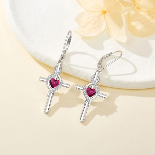 ONEFINITY Cross Earrings for Women 925 Sterling Silver Cross Birthstone Dangle Drop Earrings Infinity Cross Religious Jewelry Gifts for Women - color: 07-Jul-Created Ruby