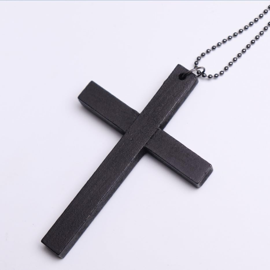 FORUBUS Wooden Cross Pendant Necklace - Wood Beads Cross Religion Necklace for Women Men Believer Prayer Baptism Jewelry - color: E black