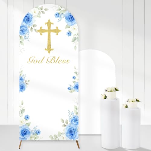Blue God Bless Arch Backdrop Cover 6.1x2.6ft Blue Floral Cross Theme Party Decoration Stretchy Fabric Washable Reusable Arch Stand Cover for Boy Girl Religious Ceremony Church Event Supply - color: blue god bless