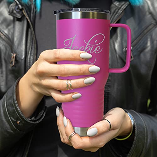 The Wedding Party Store Personalized 20 oz Stainless Steel Powder Coated Vacuum Insulated Double Walled Travel Tumbler Coffee Mug with Handle and Lid (Hot Pink) - color: Hot Pink