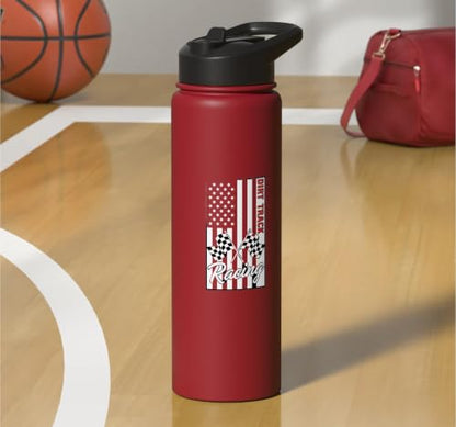 Car Dirt Track Racing Checkered Flag American Flag Racing Stainless Steel Insulated Water Bottle - color: Red